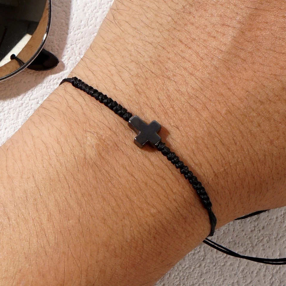 Natural Hematite Cross Charm Black String Bracelet for Men Women