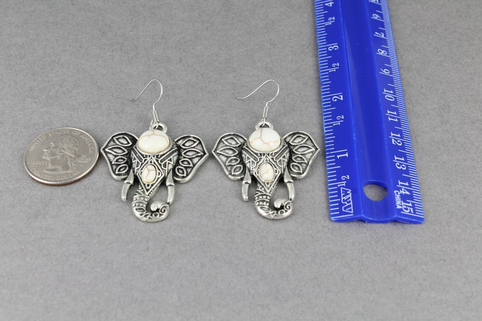 antiqued silver elephant earrings trunk ears pendant 2 1/8″ long cream bead