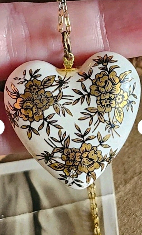 Vintage White Porcelain Heart Pendant with Hand Painted Gold Floral Design