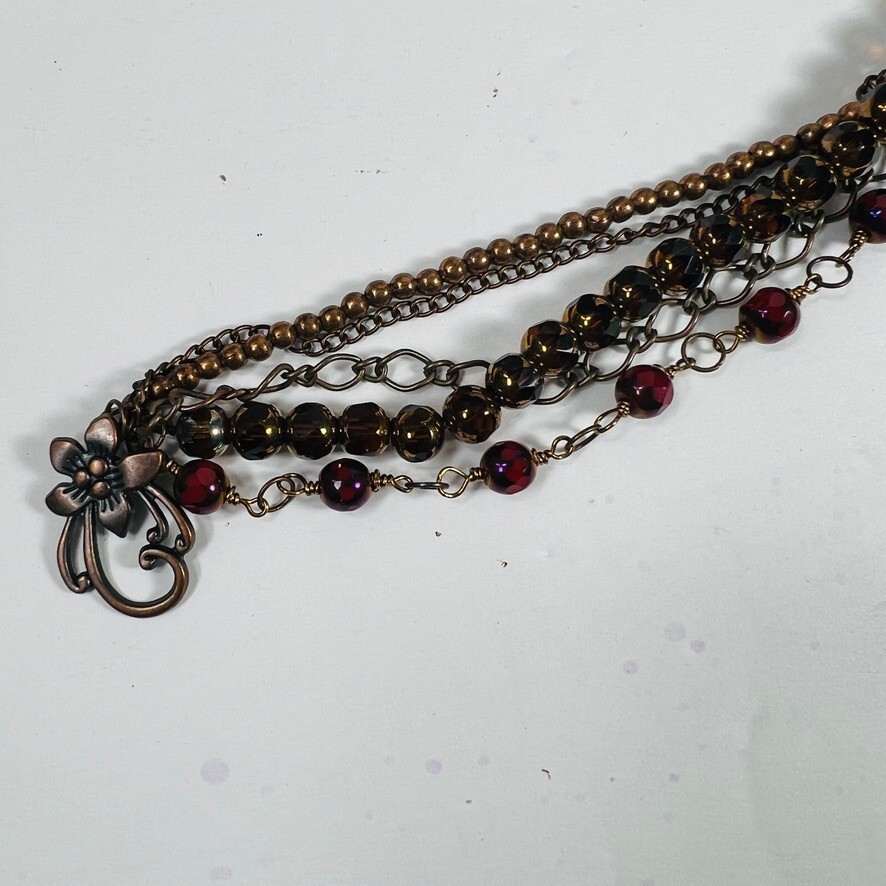 Crystal Antique Copper Red Bracelet 5 Strand Flower Fastener Handmade