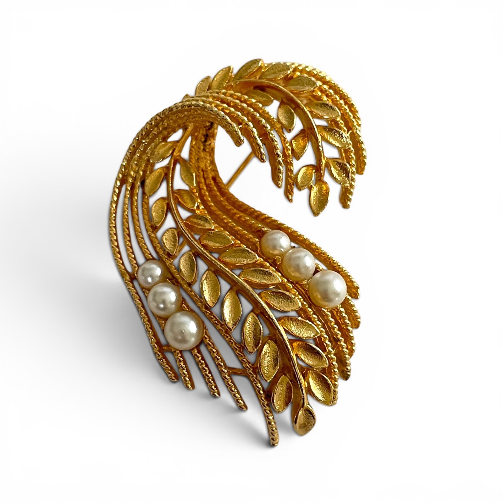 Vintage Lisner Feather Brooch Gold Tone Faux Pearl Signed Mid Century Pin
