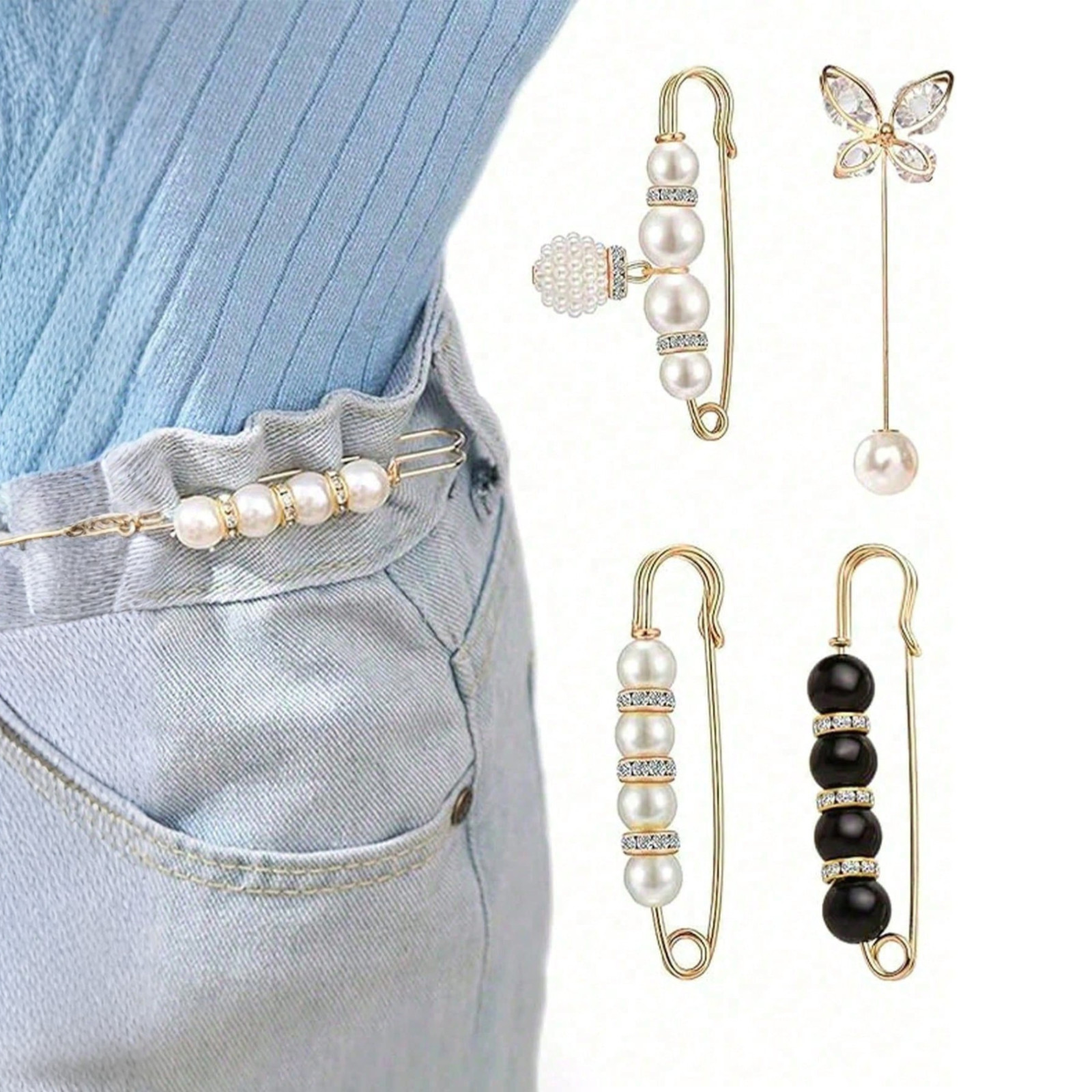 4PCS Adjustable Waist Buckle Pin Set Modern Rhinestone Butterfly Brooch Button