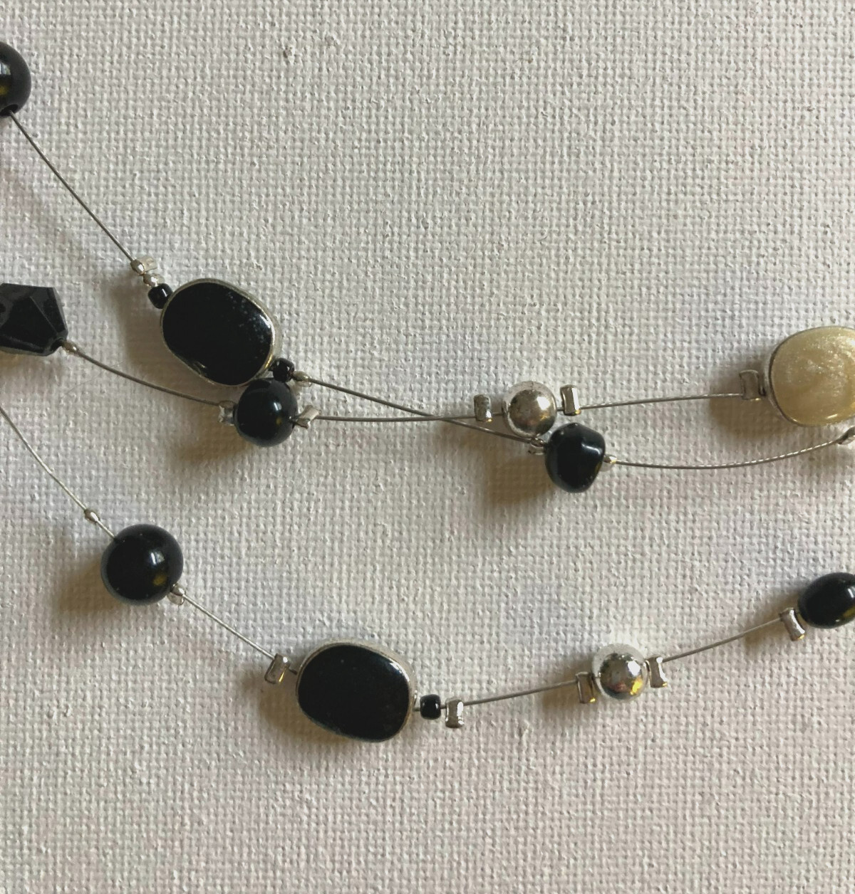 Necklace Floating Beaded Choker Black, Cream, Silver 16-18″