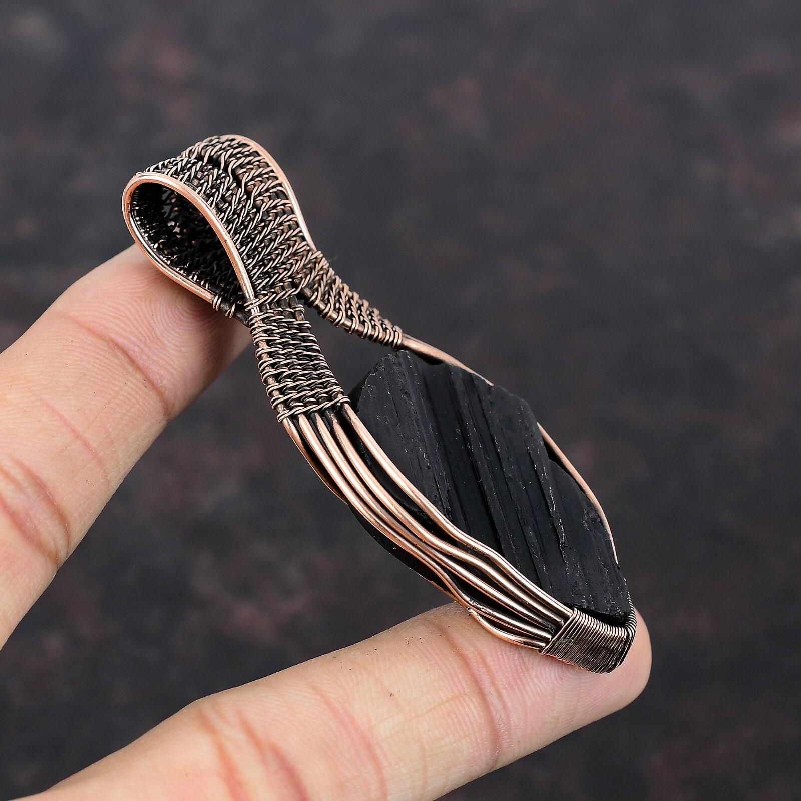 Black Tourmaline Rough Copper Mother Gift Wire Wrapped Pendant 3.03″