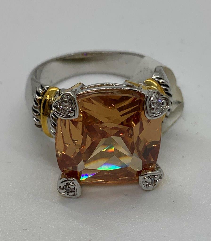 Elegant Silver Large Topaz Ring with Cubic Zerconia Surrounded Fashion Jewelry