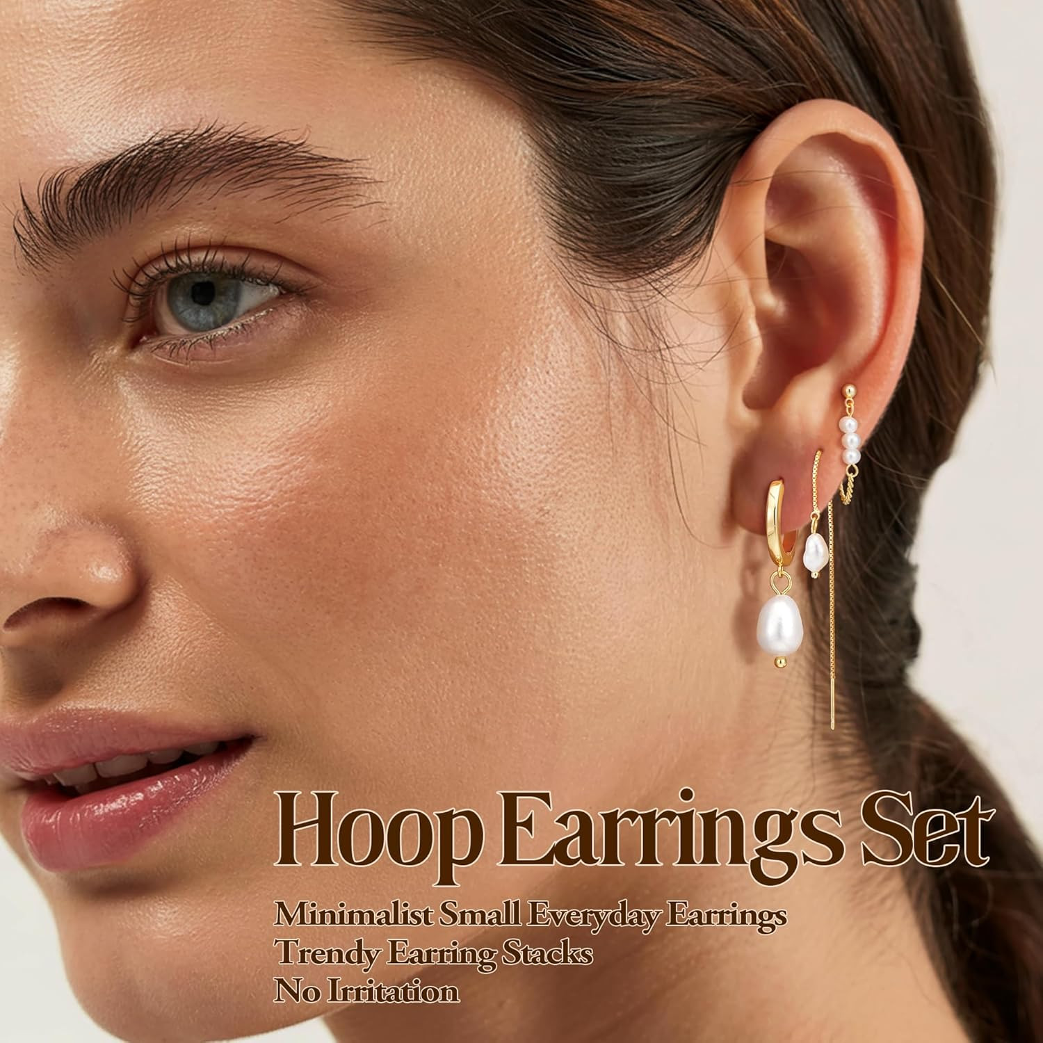 Pearl Earrings Set for Women Trendy Dainty Pearl Dangle Hoop Earrings Mismatched