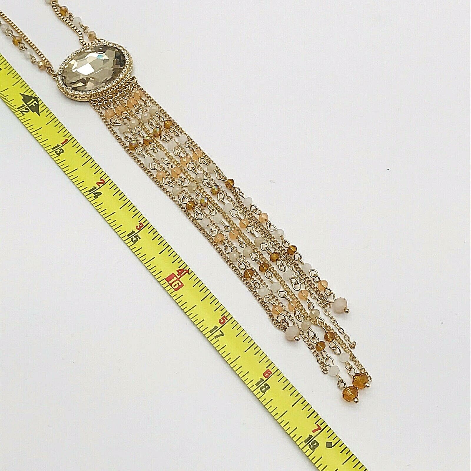 Natasha Fringe Long Necklace Amber Double Strand Color Goldtone Faceted Bead