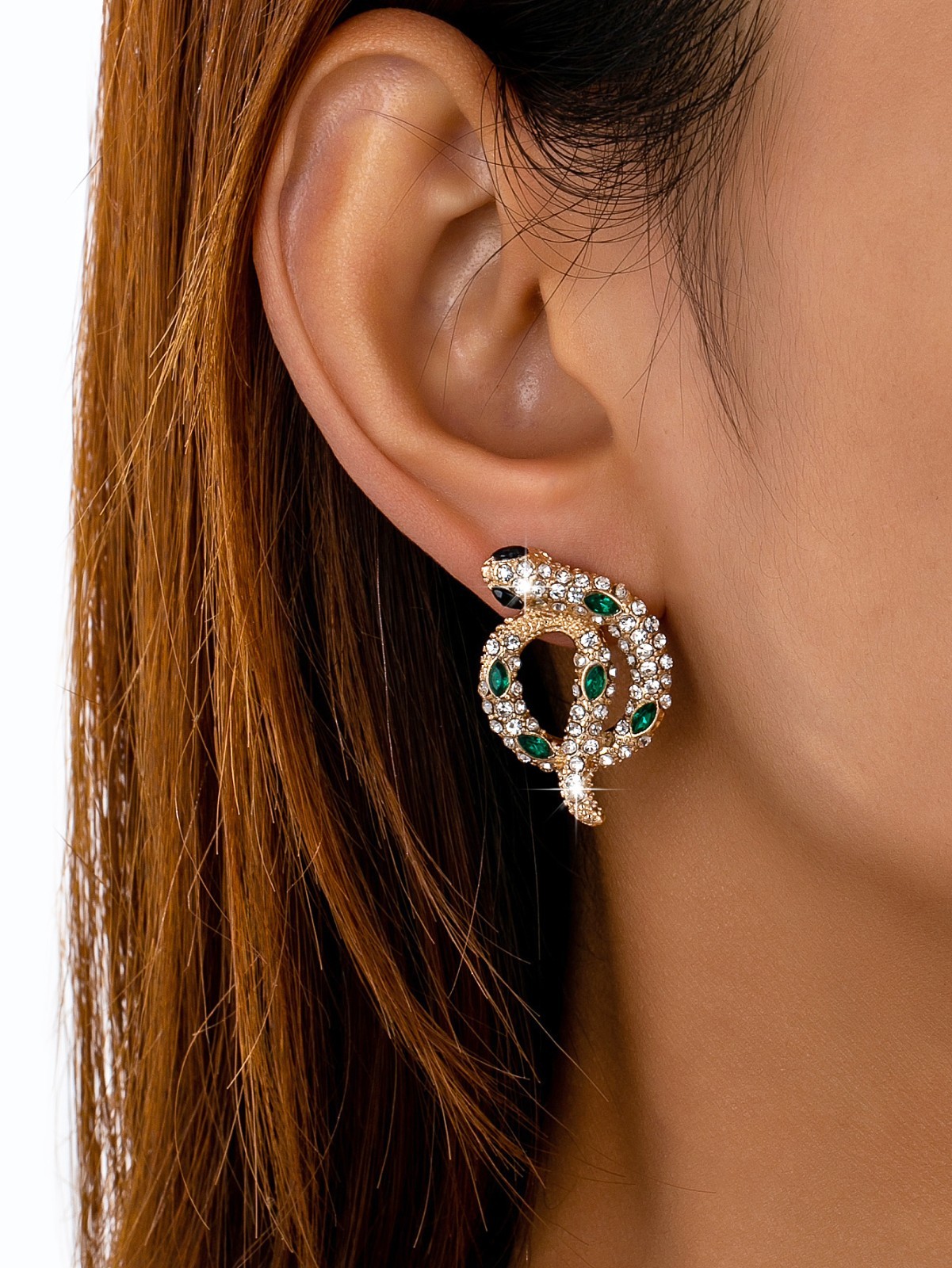 Gold Tone Snake Stud Earrings Green Simulated Crystal Rhinestone Women’s Jewelry
