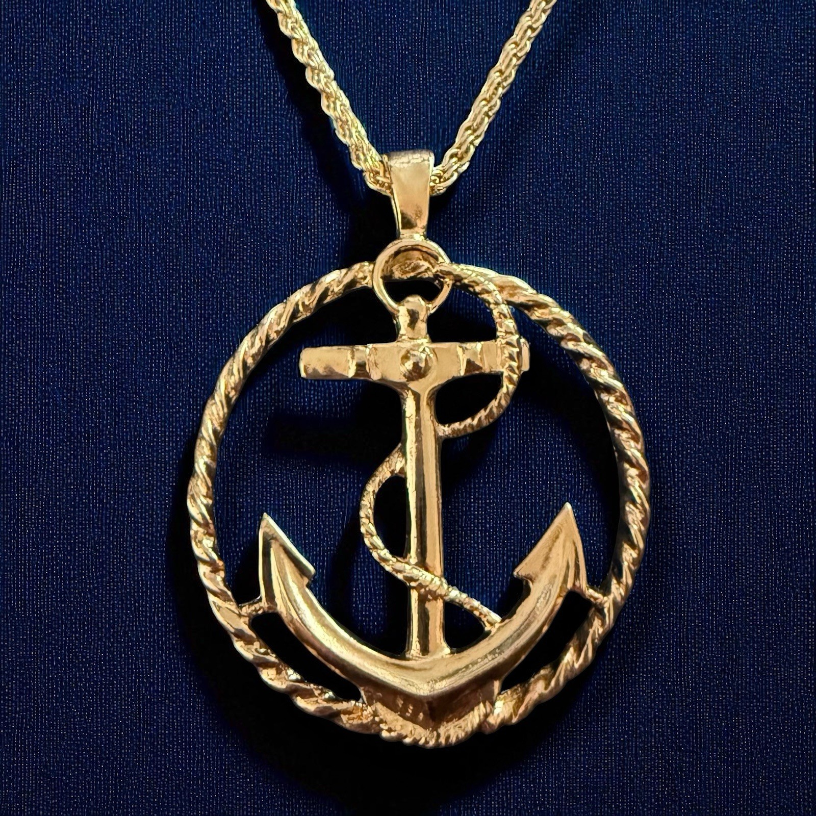 Anchor Pendant Rope Chain Necklace Nautical Coastal Chic Premier USA Signed