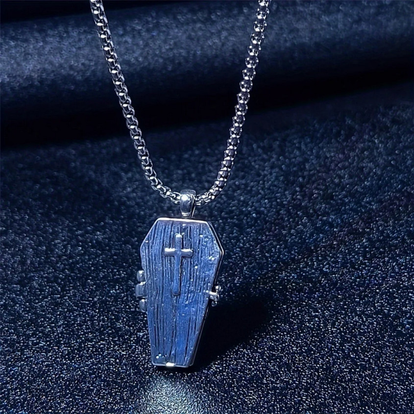 Creative Skeleton Cross Coffin Shaped Pendant + Stainless Steel Necklace