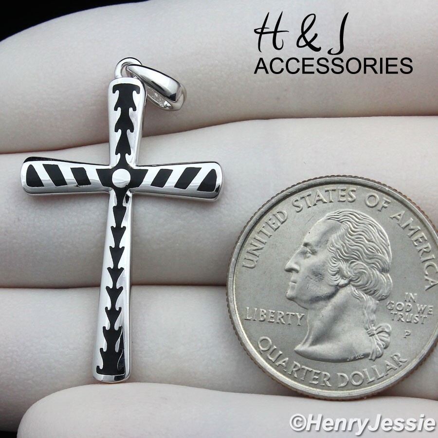MEN SOLID 925 STERLING SILVER PLAIN SIMPLE SILVER/BLACK CROSS PENDANT*ASP430
