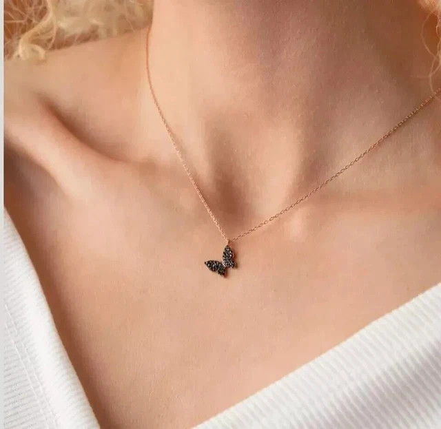 1.60 CT Round Cut Simulated Black Diamond Butterfly Pendant 14K Rose Gold Plated