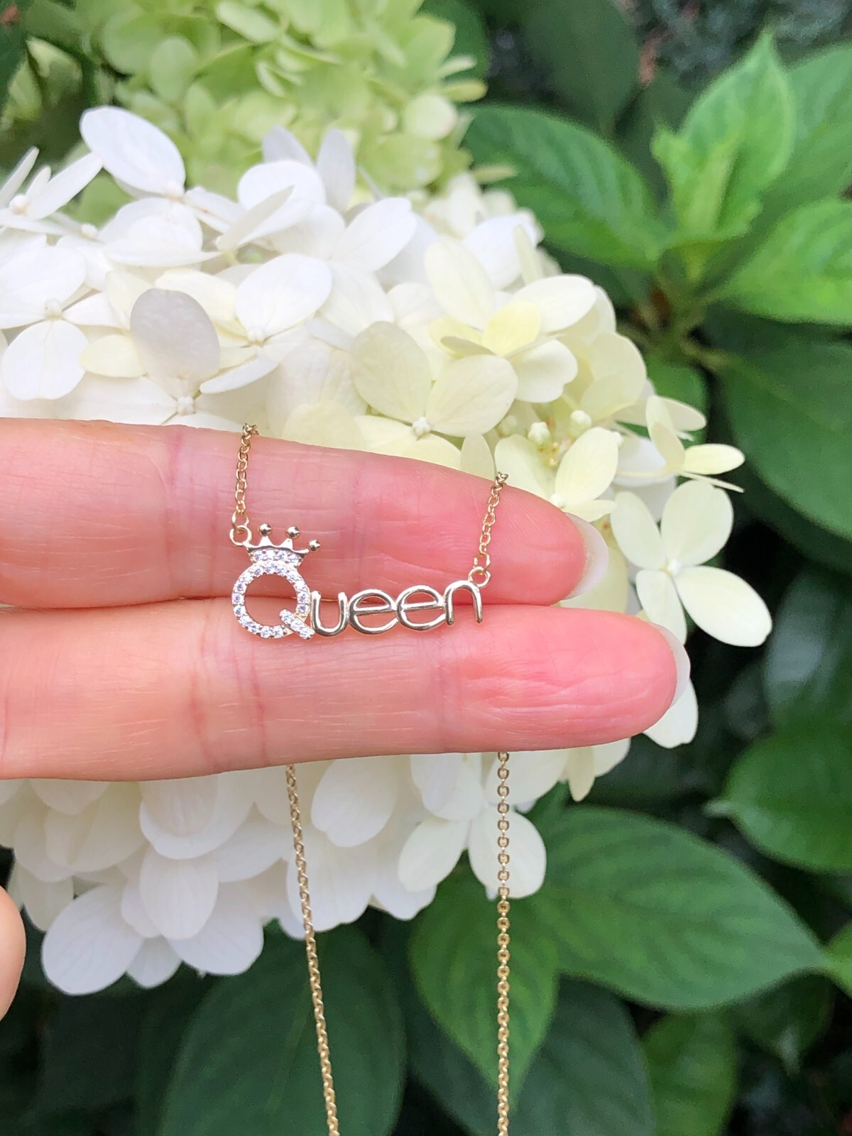 925 Sterling Silver CZ Gold Queen Script Pendant Necklace Women 24mm/0.94″ 17.5″