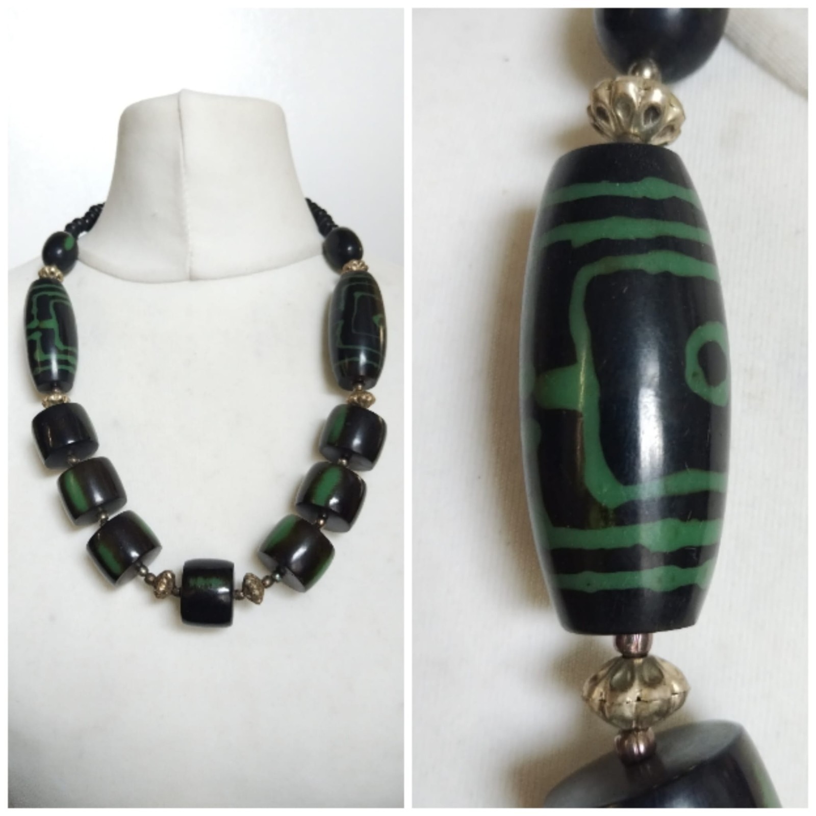 Vintage Chunky Black Green Resin, Metal Mixed Shapes Beaded Statement Necklace