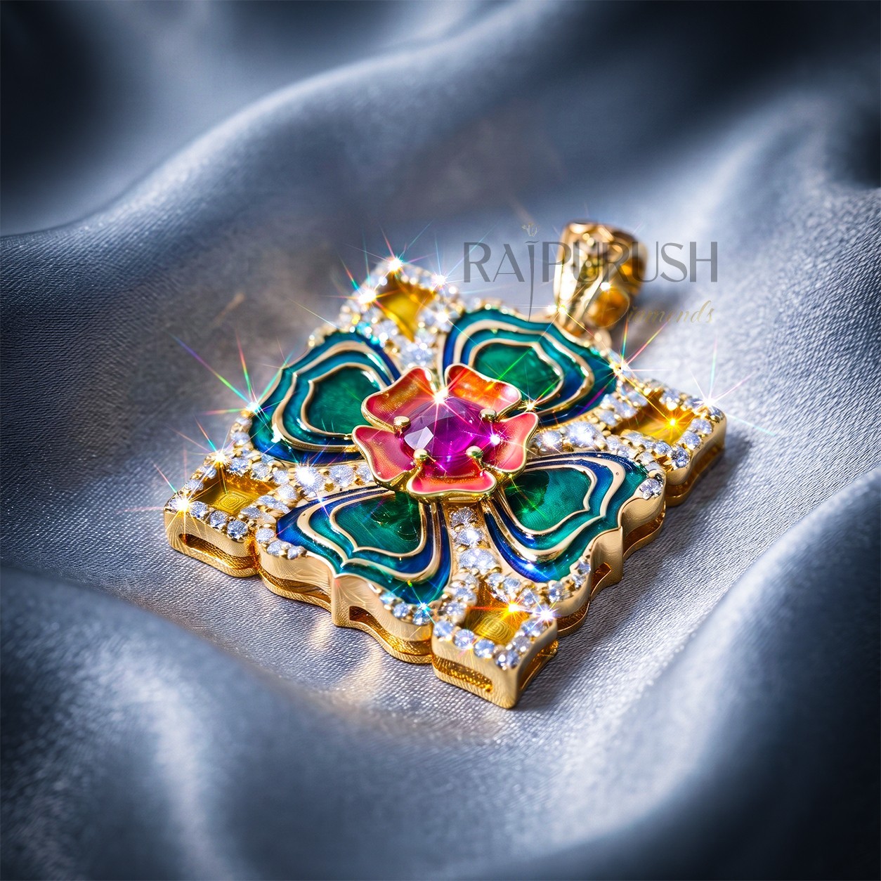 Iced Out Moissanite Enamel Vintage Floral Cross Pendant Gold Plated Silver Charm