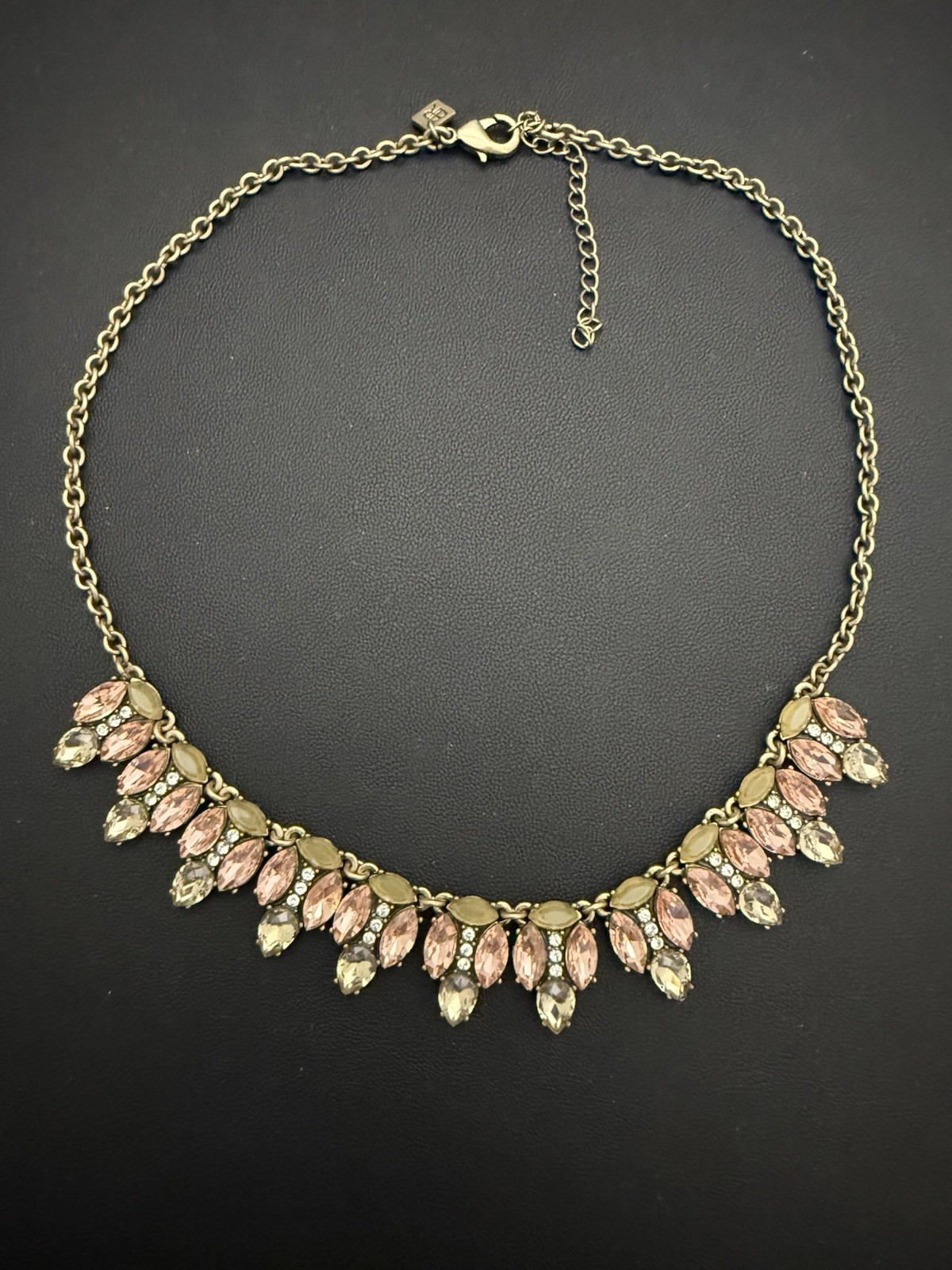 Gold Tone Cable Chain Bib Statement Necklace w/ Pink Marquise Crystals, Adj