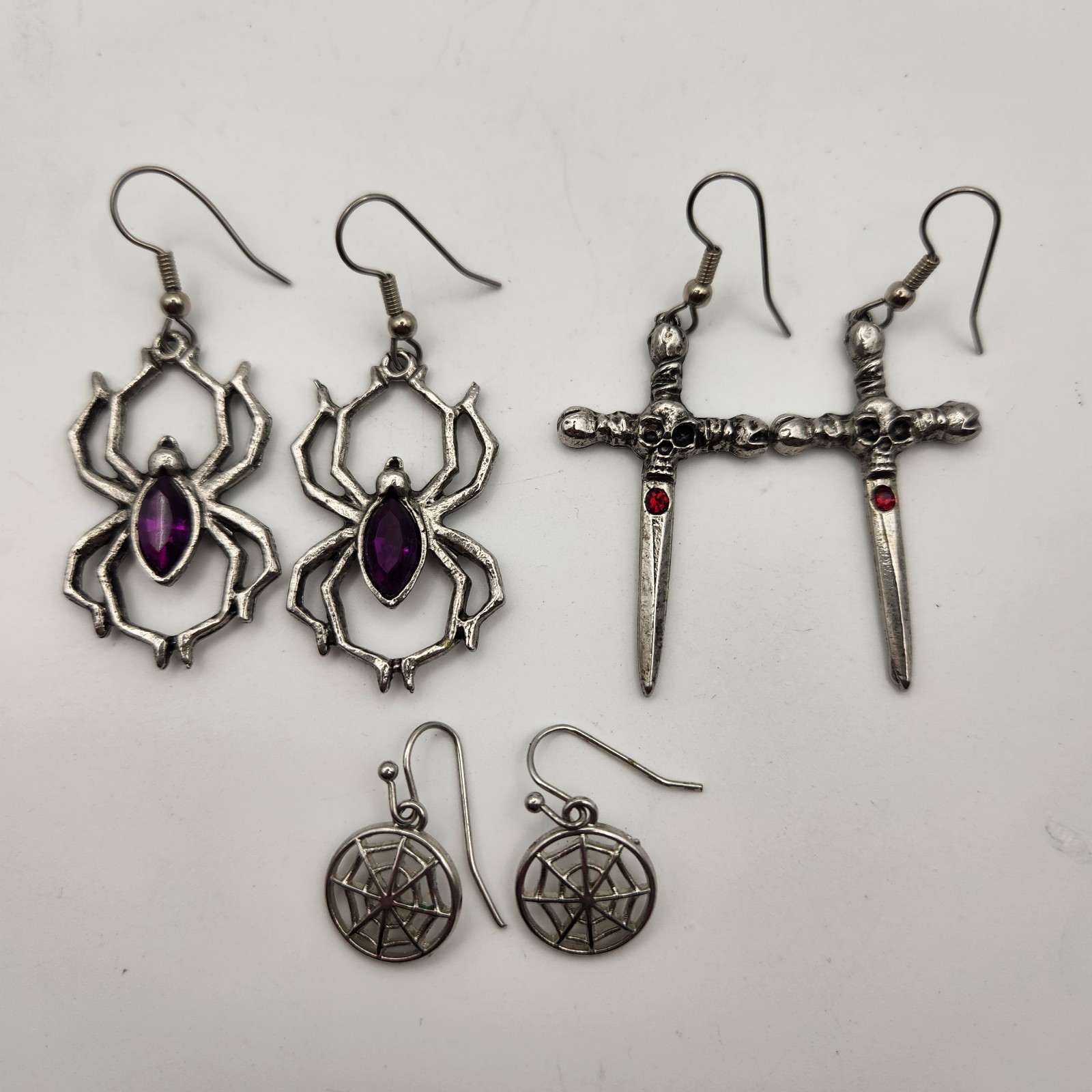 Gothic Real Metal Earring Lot Spider Web Dagger Gems Halloween Skulls