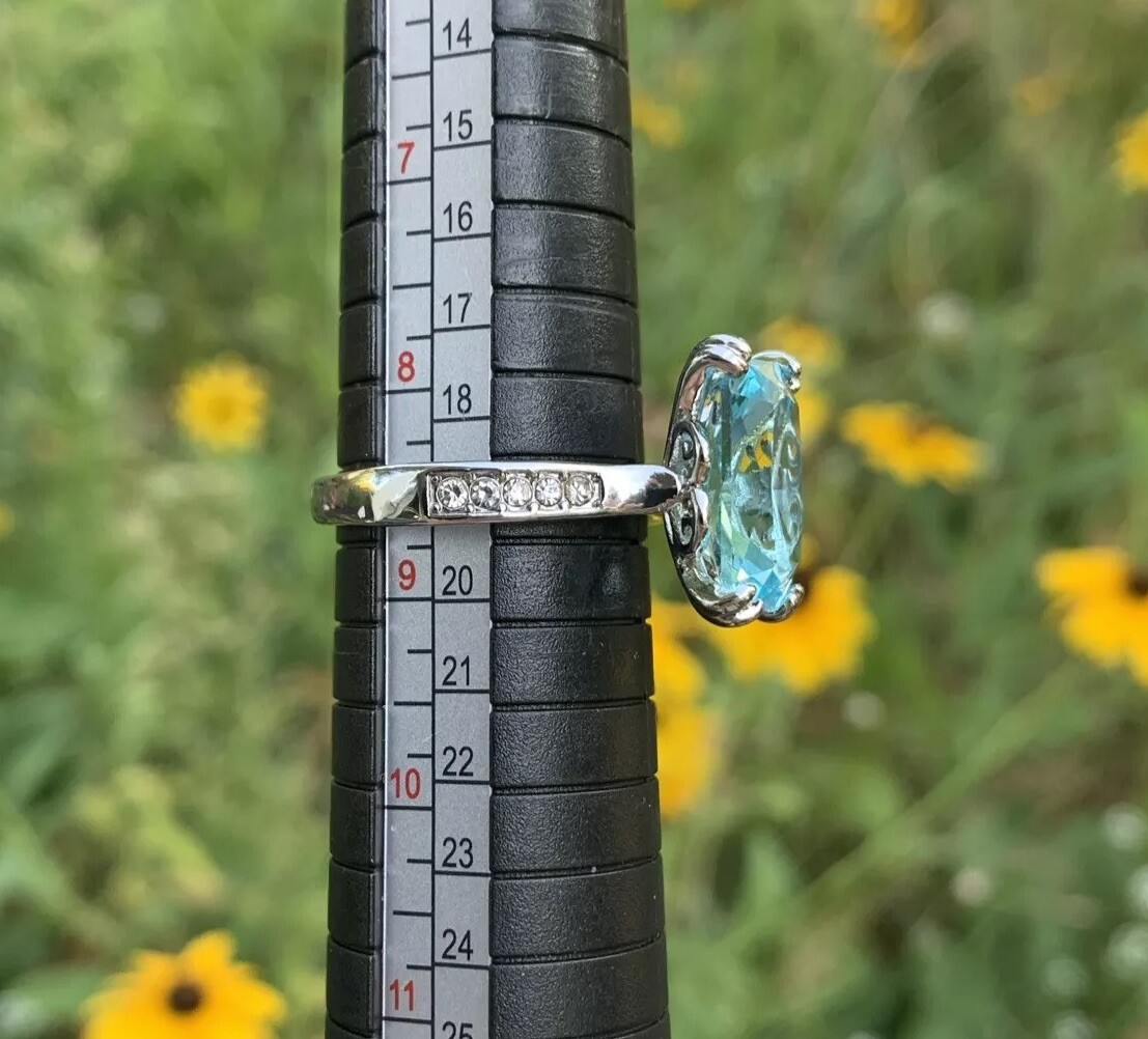 Blue Topaz CZ Ring Set Size 8.5 Stainless Steel Radiant Cut Silver Tone FREE SHP