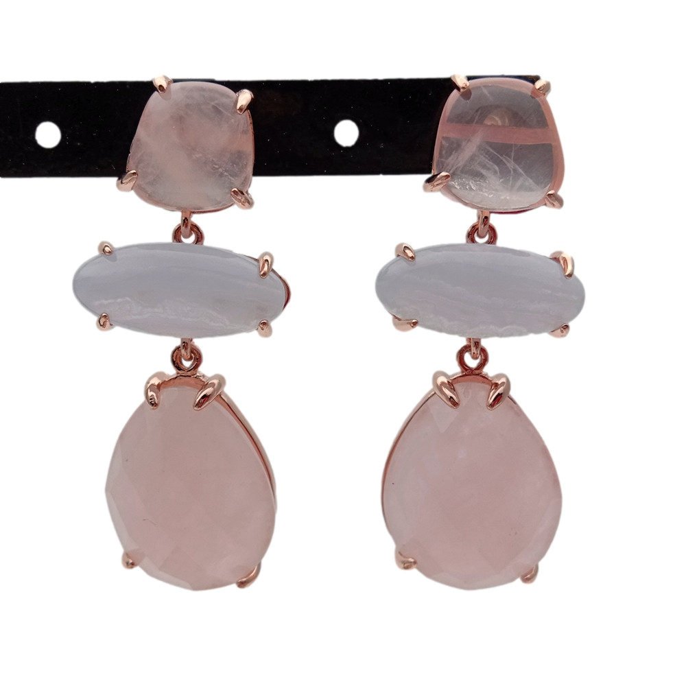 Rose Quartz Blue Chalcedony Dangle Stud Earrings Gemstone  women Fashion Jewelry