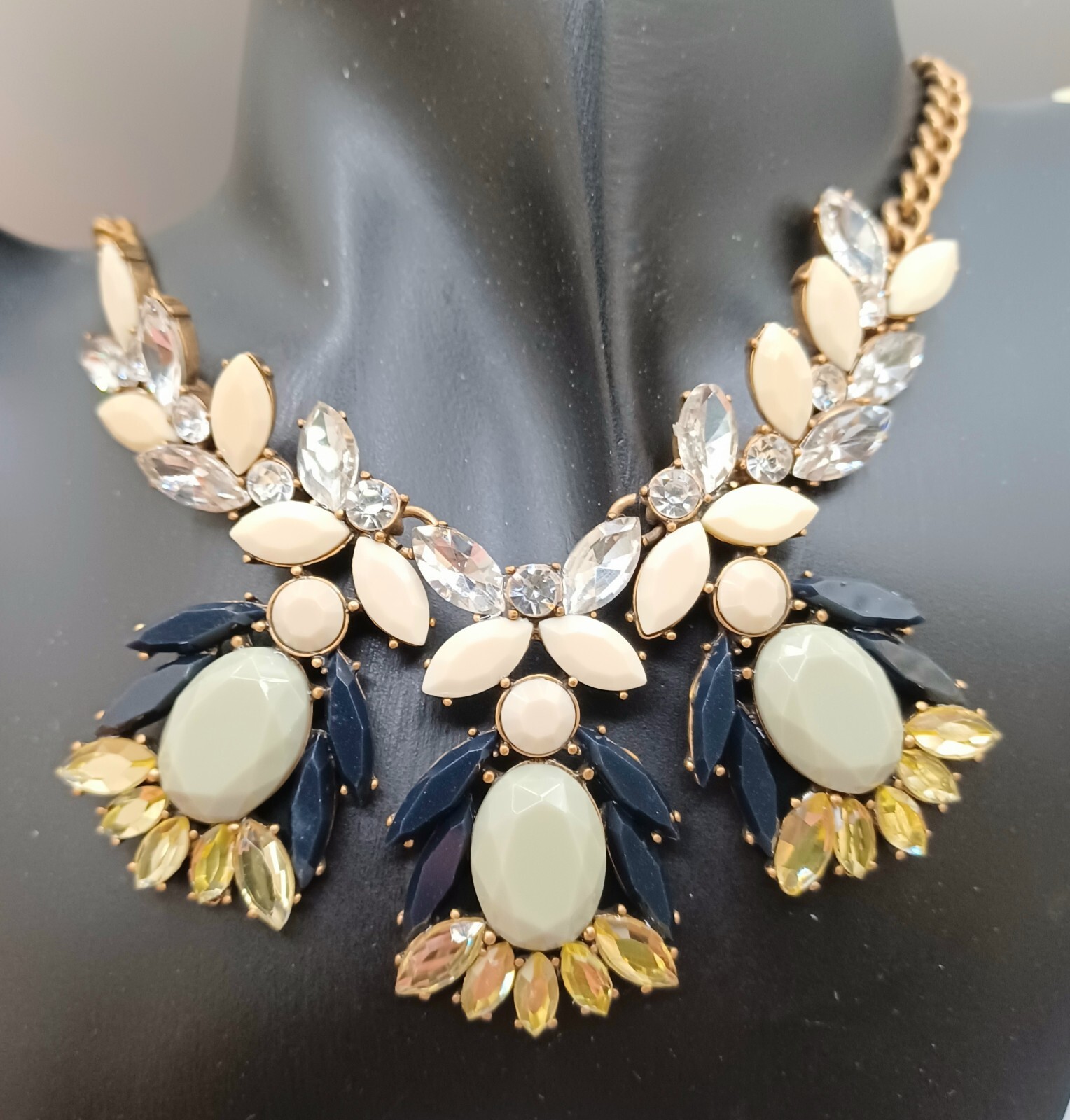 J Crew Necklace Midnight Blue, Ivory, Sage Green Gold Tone 18″