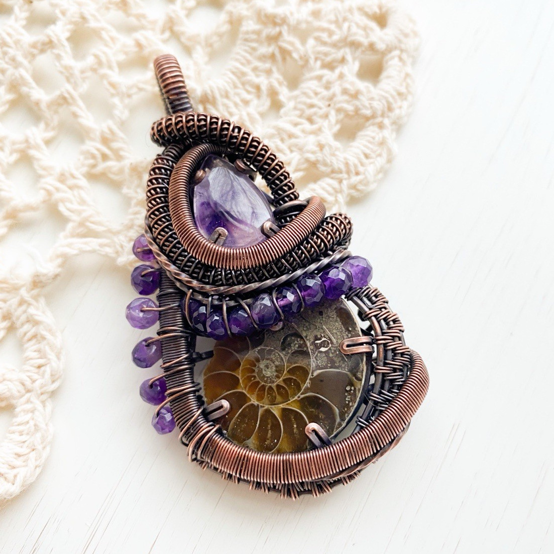 Handcrafted Copper Wire Wrapped Ammonite & Amethyst Bohemian Teardrop Pendant