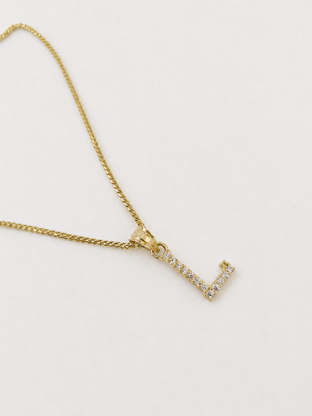10K Gold Solid Franco Chain L Initial CZ Stone Pendant Set 1mm 16 18 20 22 Women