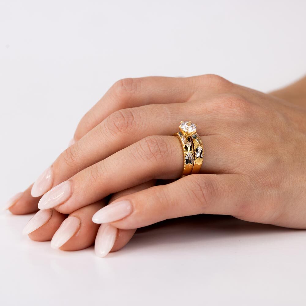 14K YELLOW GOLD OVER SILVER HAMMERED RING SET LAB SIMULATED FLAWLESS DIAMONDS