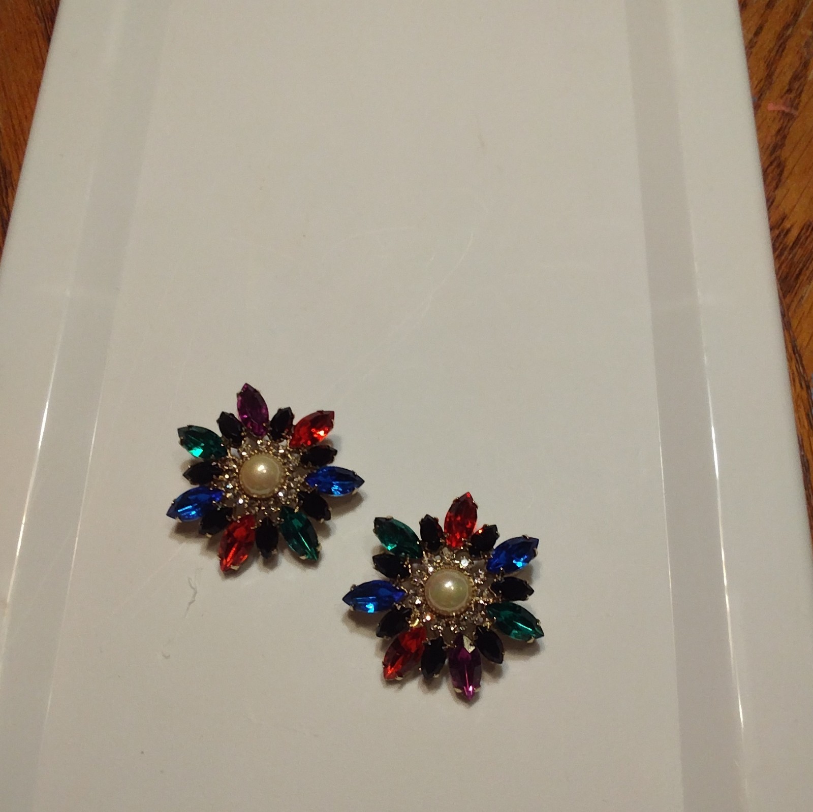 Multicolor Rhinestone Flower Cluster Stud Earrings w/ White Faux Pearl Center