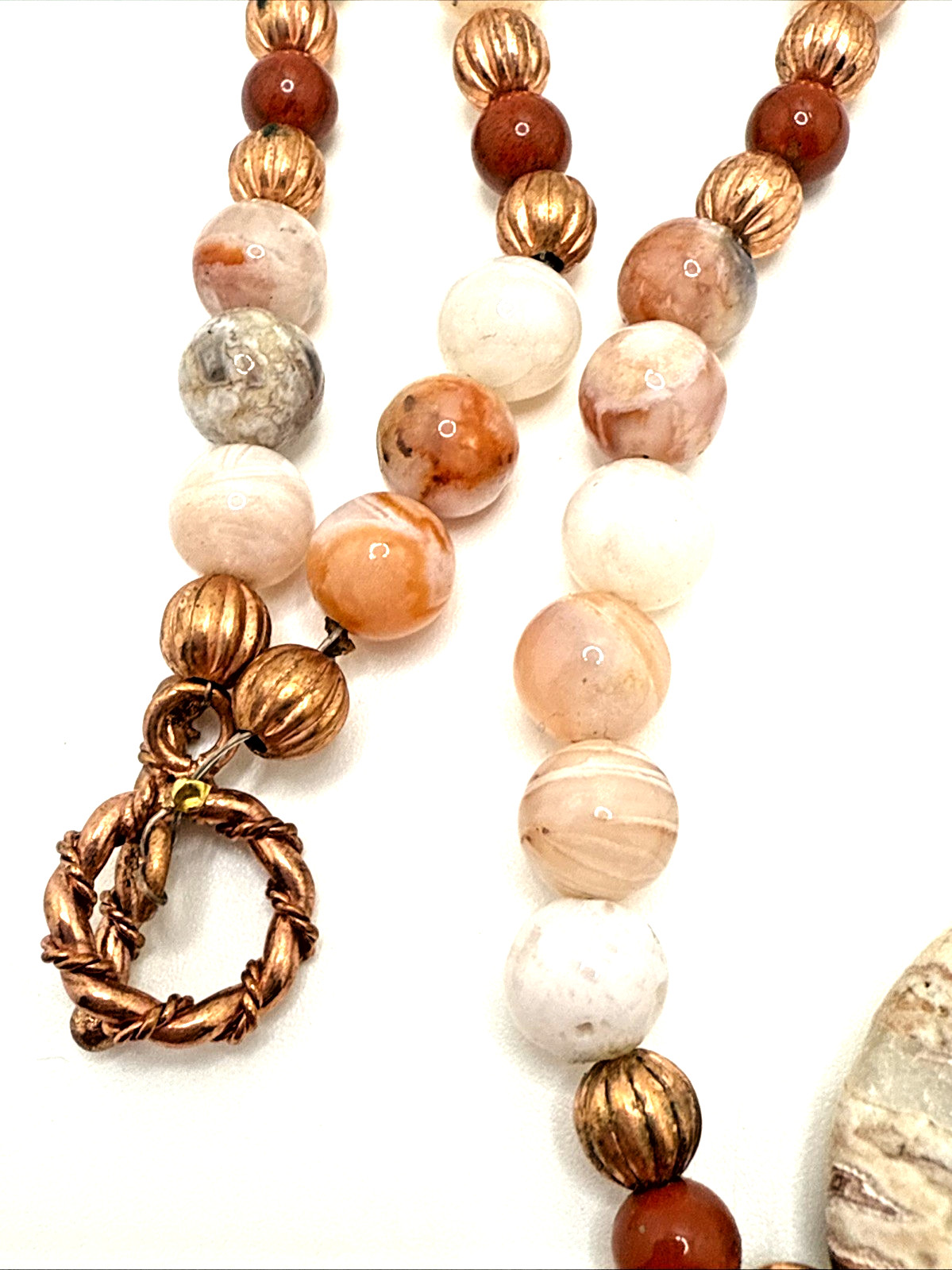 Artisan Pink Rosetta Jasper Necklace Beaded Moss Agate Stone Pendant Boho 23″