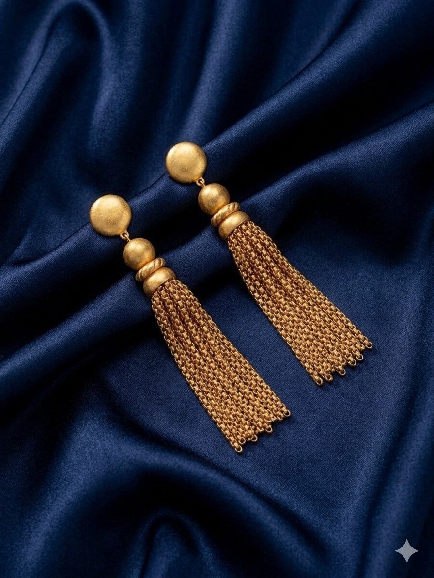 Antique Gold Chain Earrings VTG Fringe Tassel Stud Medieval Museum Runway Boho