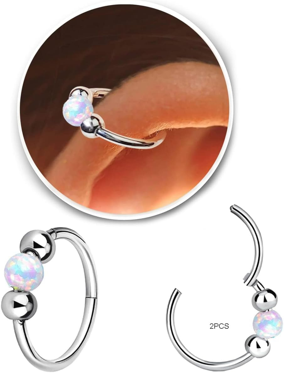 2 Pcs Small Cartilage Hoop Earrings for Women Men, 18G Opal Silver Earrings Hypo