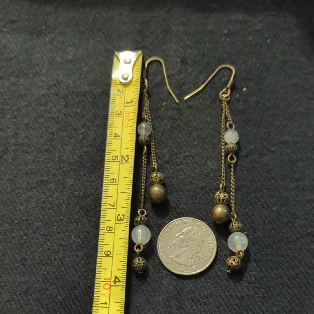 Brass Tone Translucent White Beaded Ling Dangle Statement Earrings