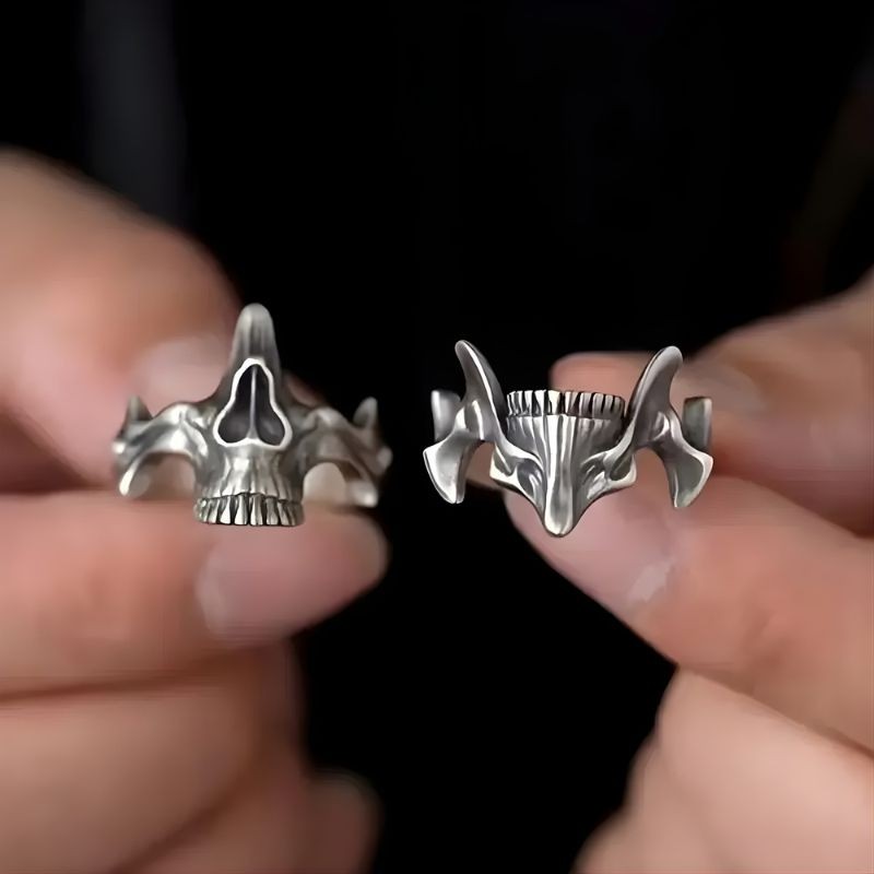 Dual Skull Ring (Adjustable) Gothic Rave Punk Silver Ring Set Y2K