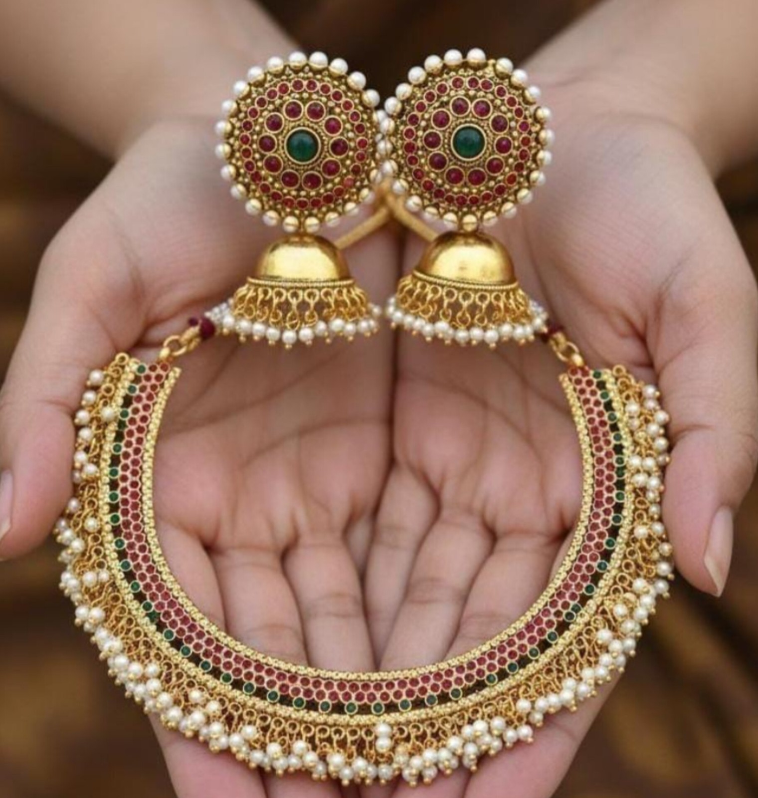 Traditional Gold Plated Kundan Choker Necklace Set Pearl Jhumka Bridal Jewelry