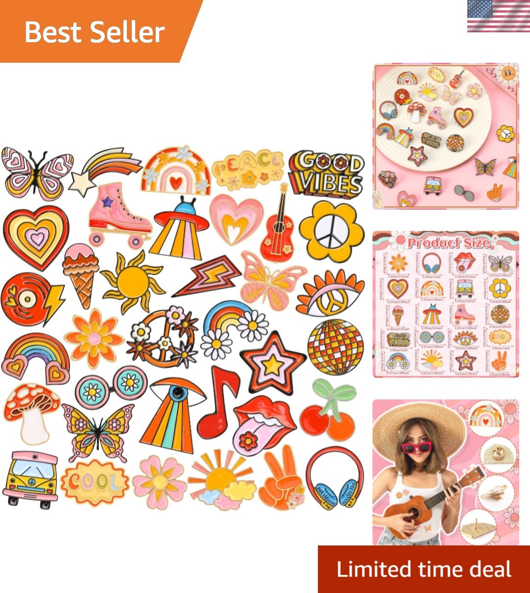 Durable 36PCS Hippie Enamel Pins – Lightweight Brooches for Personalized Style