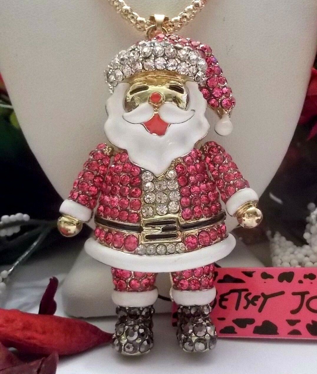 BETSEY JOHNSON SPARKLING PINK CRYSTAL & ENAMEL FATHER CHRISTMAS PENDANT NECKLACE