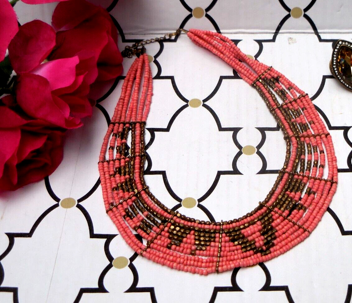 BEADED ORANGE & COPPER CHOKER BIB NECKLACE, TRIBAL / SOUTHWESTERN STYLE