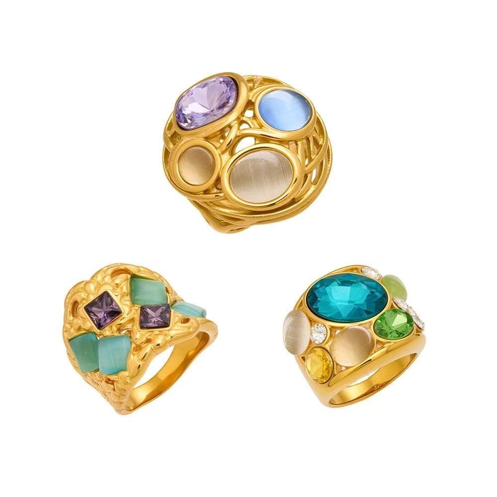Woman 18k Gold Plated Simulated Opal Multicolor CZ Band Ring Anti-tarnish 7/8/9