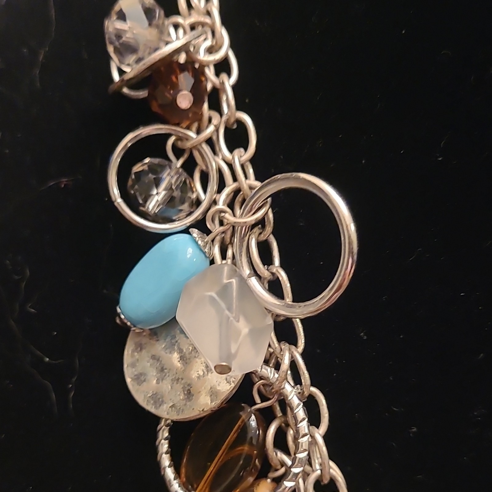 Premier Silver Tone Oval Link Chain Boho Blue Glass Stone Necklace Adj Signed