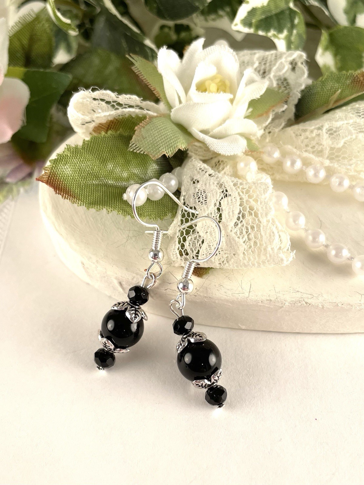 New Black Crystal Silver Hook Earrings Handmade Jewelry Trendy Artisan Fashion’s
