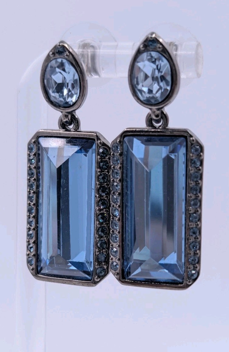 Vintage GIVENCHY Art-Deco Style Gunmetal Blue Crystal Drop/Dangle Stud Earrings