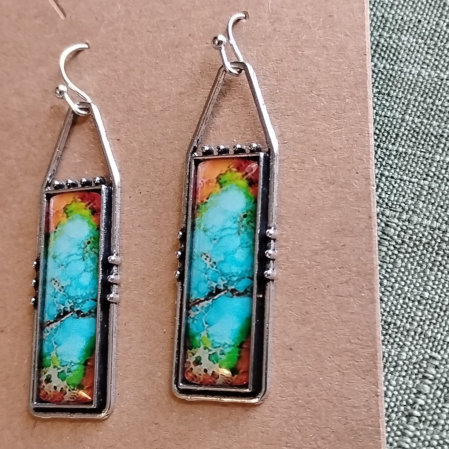 Silver Tone Multicolor Rectangle Metal Dangle/Drop Hook Earrings for Lobe