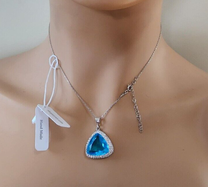 Large Triangular 1.5 in Pendant Pave CZ 925 Silver Blue White Crystal Turkey NW