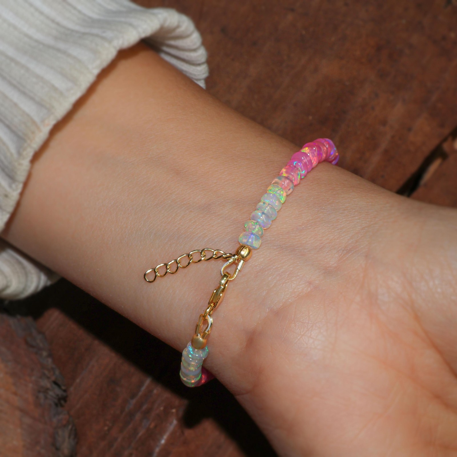 Fire Pink Opal Gemstone Beaded Bracelet, Natural Ethiopian Fire Opal Bracelet
