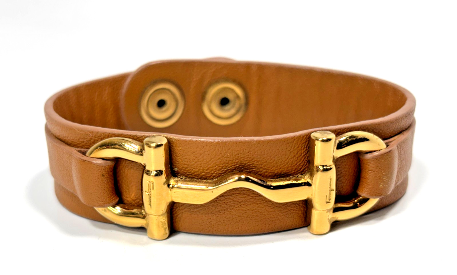 Womens Salvatore Ferragamo Tan Leather w Gold Horsebit Hardware Medium Bracelet