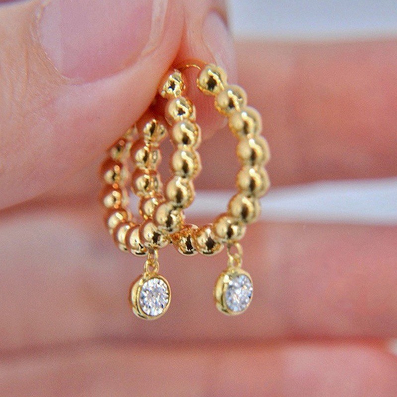 Fashion Women 18k Gold Plated CZ Beaded Round Huggie Earring Stud Drop Dangle