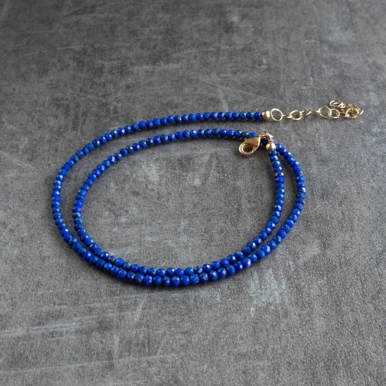 Dainty Lapis Lazuli Faceted Round Gemstone Beads Handmade Women Necklaces 18”