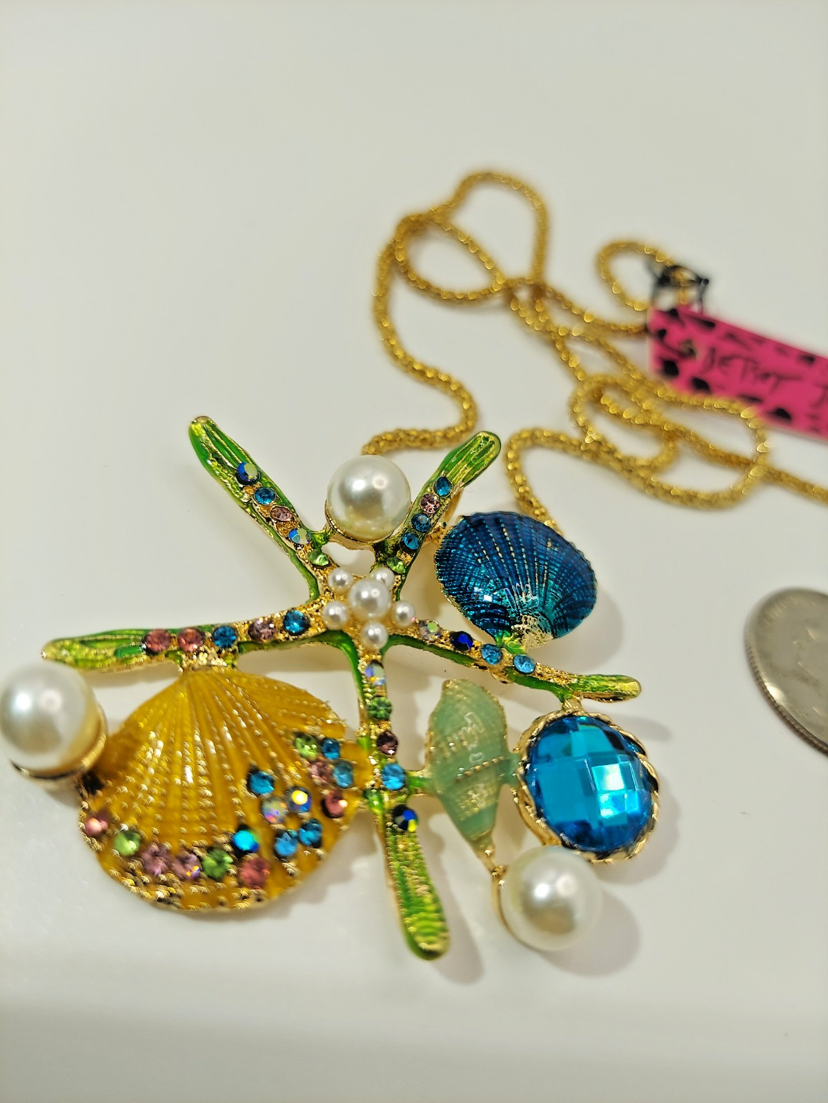 Betsey Johnson Pearl Starfish Seashell Necklace Gold Teal Green Rhinestone-Gift