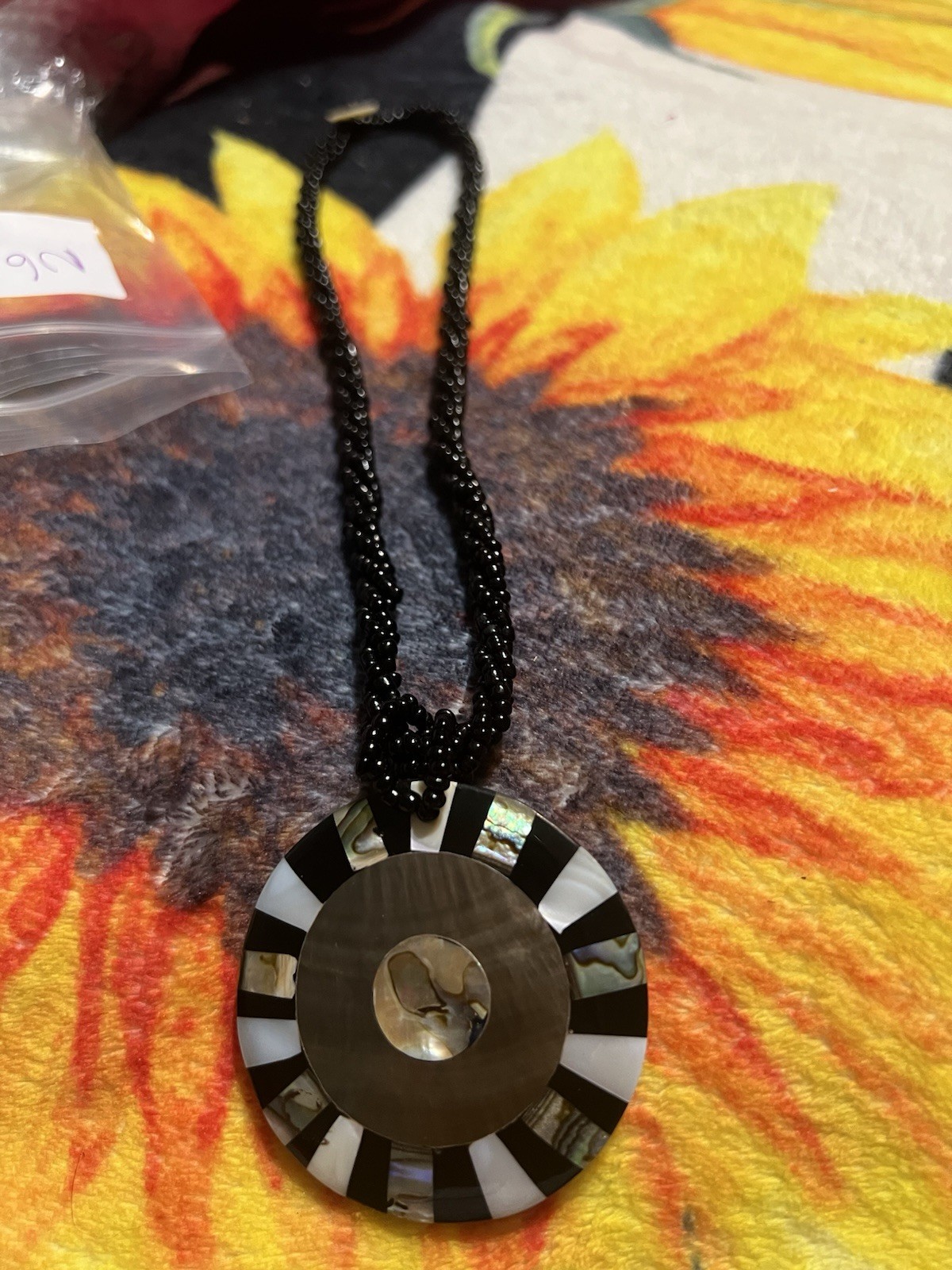 Vintage Twisted Multi Strand Black Bead Necklace – Round Abalone and MOP Pendant