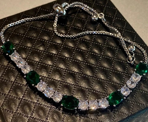 18K White Gold Plated Bolo Tennis Bracelet Made Simulated Diamond Green Stone
